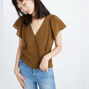 NWT Madewell Flutter Sleeve Silk Top in Polka Dot